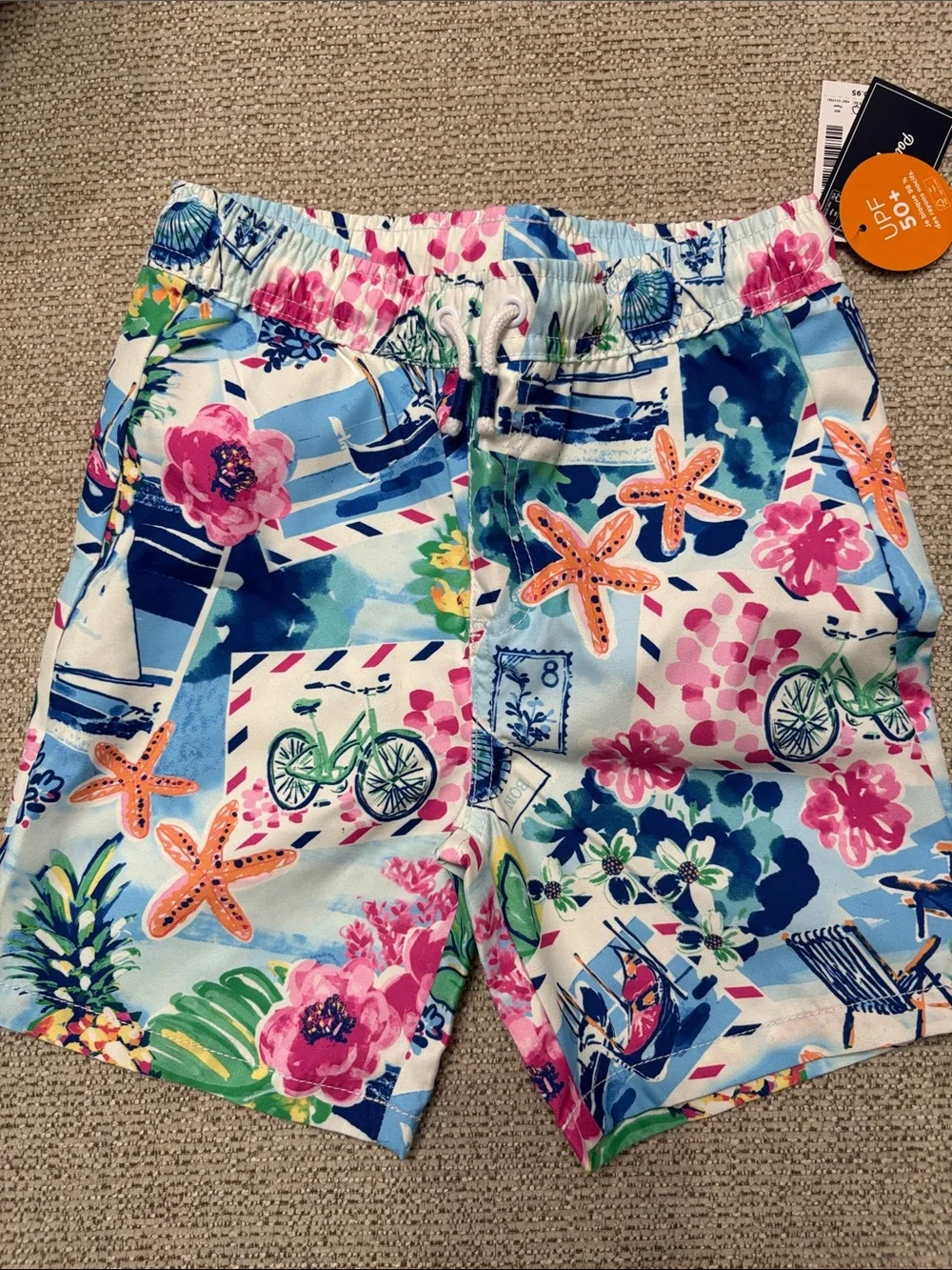 Gymboree Royal Blue Aqua & White Kids Rash Guard Set Floral Starfish Boardshorts